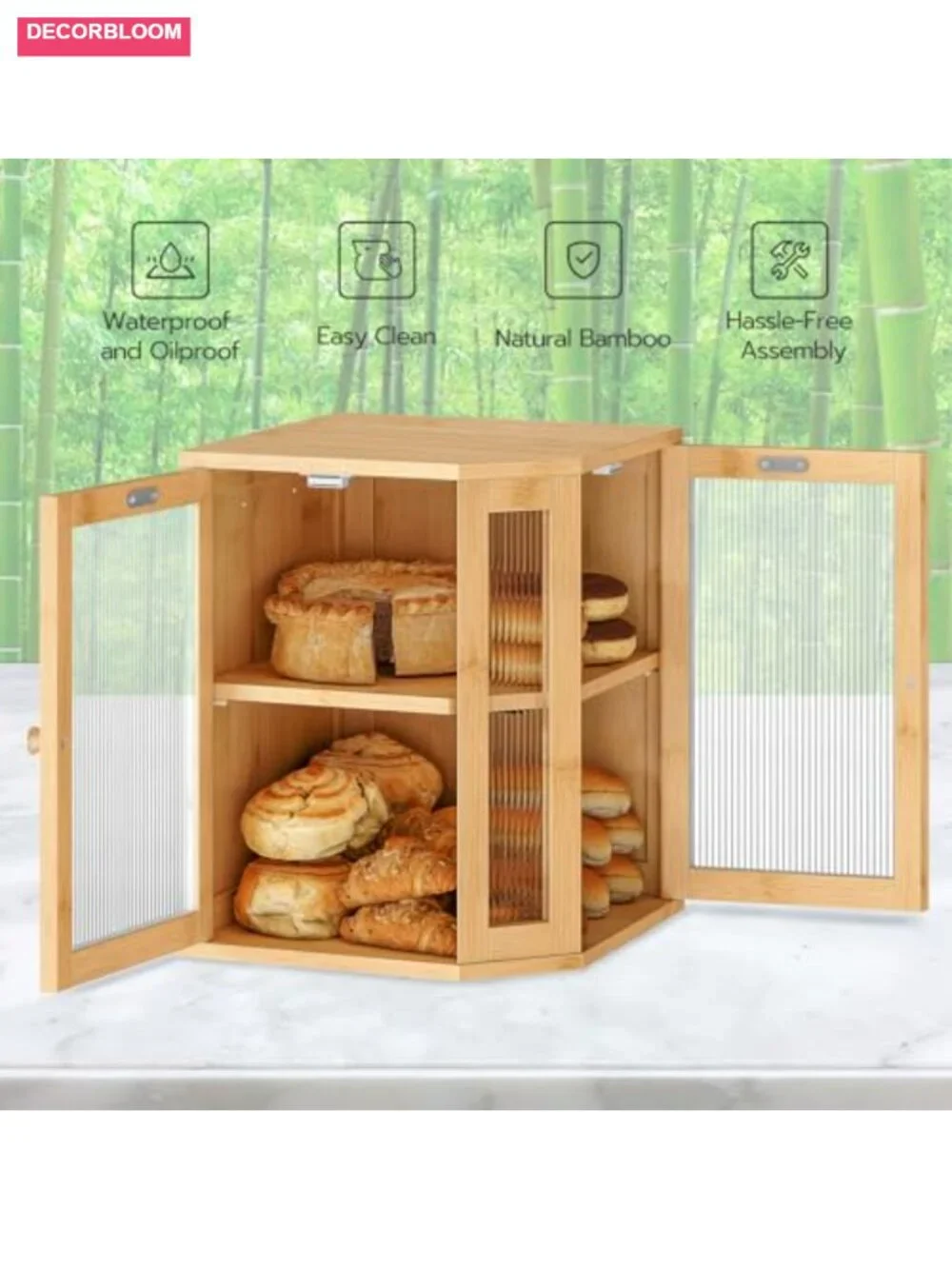Bamboo 2-Tier Corner Bread Box with Acrylic Doors for Kitchen Countertop